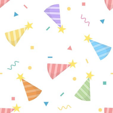 Renkli çizgili parti şapkaları, konfeti ve yıldızlarla süslenmiş şenliksiz bir şablon. Doğum günü duvar kâğıdı, hediye paketi ve kutlama geçmişi için mükemmel. Yüksek kaliteli vektör illüstrasyonu