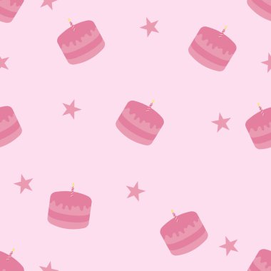 Pembe doğum günü pastaları ve açık pembe arka planda yıldızların yer aldığı kusursuz bir arka plan. Duvar kâğıdı ve ambalaj kağıdı için mükemmel.