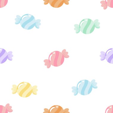 Tatlı pastel şekerli, kusursuz desenli vektör. Tekstil, ambalaj kağıdı, duvar kâğıdı ve çocuk odası dekoru için tekrarlanabilir sevimli bir arka plan. Şekerci dükkanı ve parti tasarımları için mükemmel.