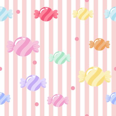 Sevimli yıldız tasarımlı çok renkli lolipoplar içeren hoş, pürüzsüz bir desen. Beyaz arka planda canlı pastel renkler, kreş tekstili, hediye paketi ve şekerci markası için mükemmel.