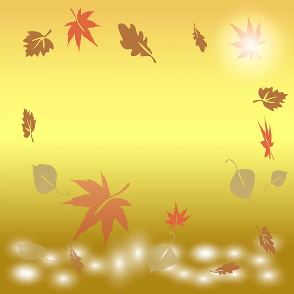 Dedaunan musim gugur jatuh ke dalam air saat matahari terbit - Stok Vektor