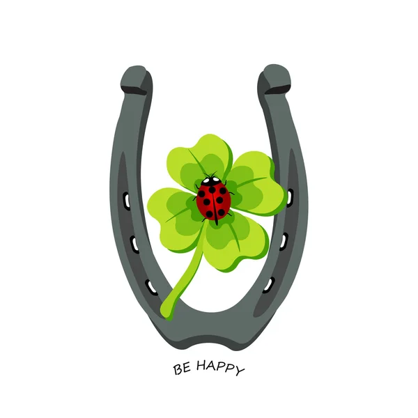 Symbols for good luck, horseshoe, clover, ladybug. Be Happy — Stock Vector