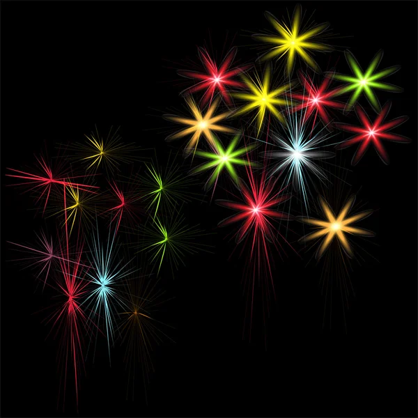 Fuegos artificiales estampados festivos estallando en varias formas pictogramas brillantes contra fondo negro ilustración aislada abstracta — Vector de stock