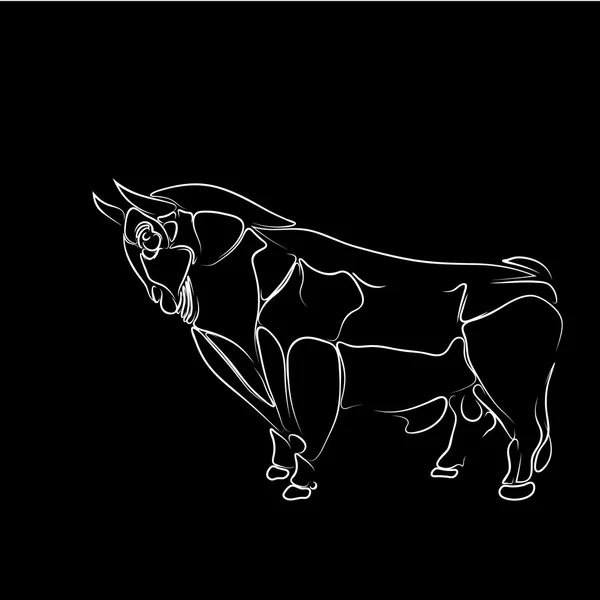 Стилізований, ізольований білий контур бика на чорному тлі, татуювання, ілюстрація — стоковий вектор