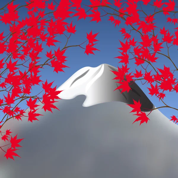 Rote Ahornblätter an Ästen auf beiden Seiten. japanischer roter Ahorn vor einem Hintergrund von Bergen mit schneebedeckten Gipfeln. Landschaftsdarstellung — Stockvektor