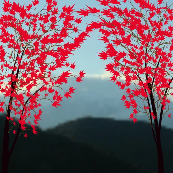 秋の風景を持つグリーティングカード。赤いカエデ雪に覆われた山々を背景にした日本の赤いカエデ — ストックベクタ