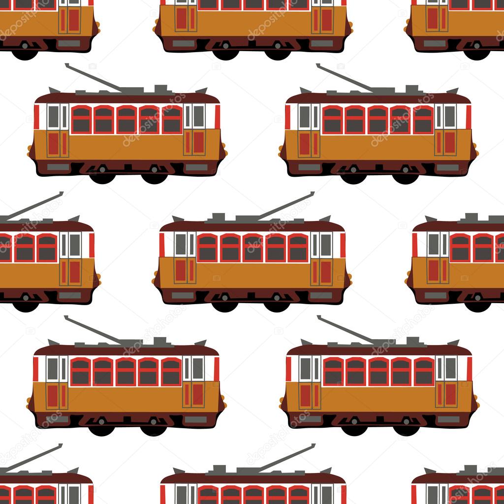 Lovely retro vector detailed tram car, side view, isolated, seamless. Ideal for urban lifestyle, touristic and sightseeing graphic and web design