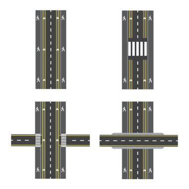 Set of different road sections with transitions, bike paths, sidewalks and intersections. illustration clipart
