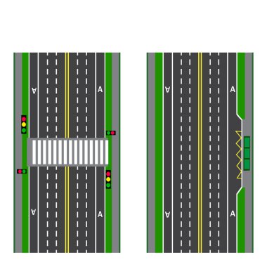 Bir dizi yol bölümü. Durdurmak. Geçiş. Bisiklet yolları, kaldırımlar ve kavşaklar. Yukarıdan görüntüleyin. Illüstrasyon