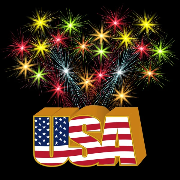 Volumétrique 3D US stylisé inscription sous les couleurs du drapeau sur le fond de l'illustration de feux d'artifice — Image vectorielle