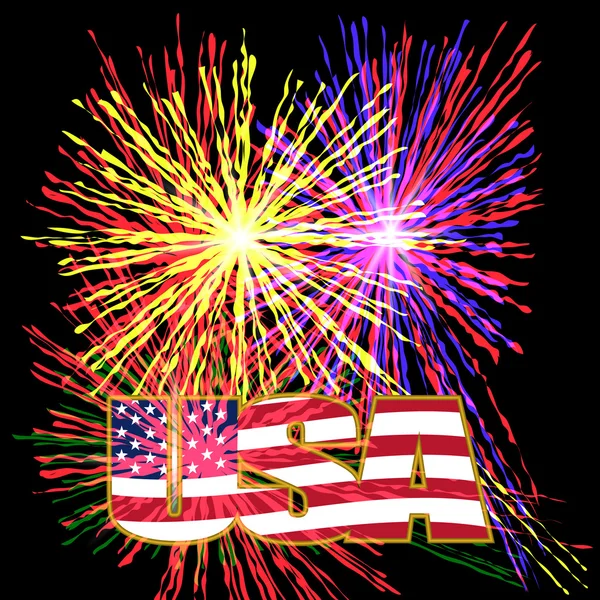 La inscripción estadounidense estilizaba los colores de la bandera en un marco de oro sobre un fondo que celebraba los fuegos artificiales en el Día de la Independencia. ilustración — Archivo Imágenes Vectoriales