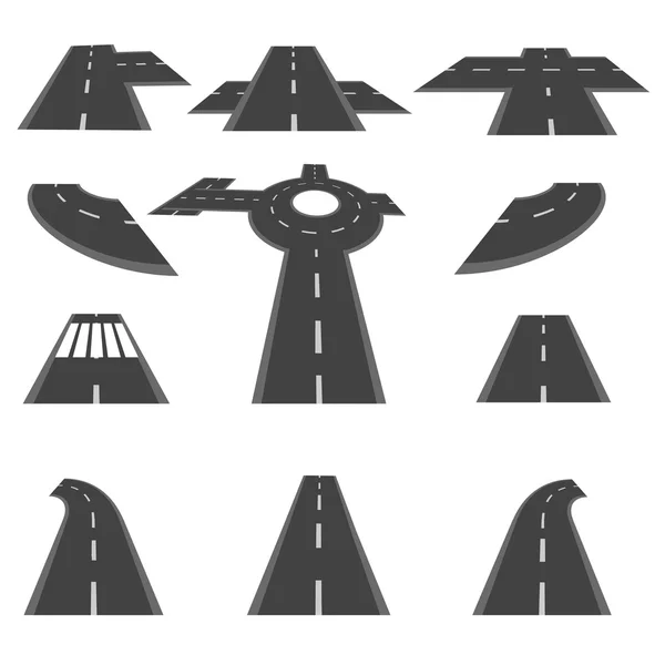 Conjunto de tramos de carretera y las intersecciones de la rotonda en diferentes perspectivas. ilustración — Archivo Imágenes Vectoriales