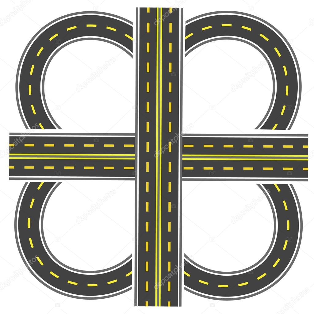 Set to build a transport interchange. Highway with yellow markings. illustration
