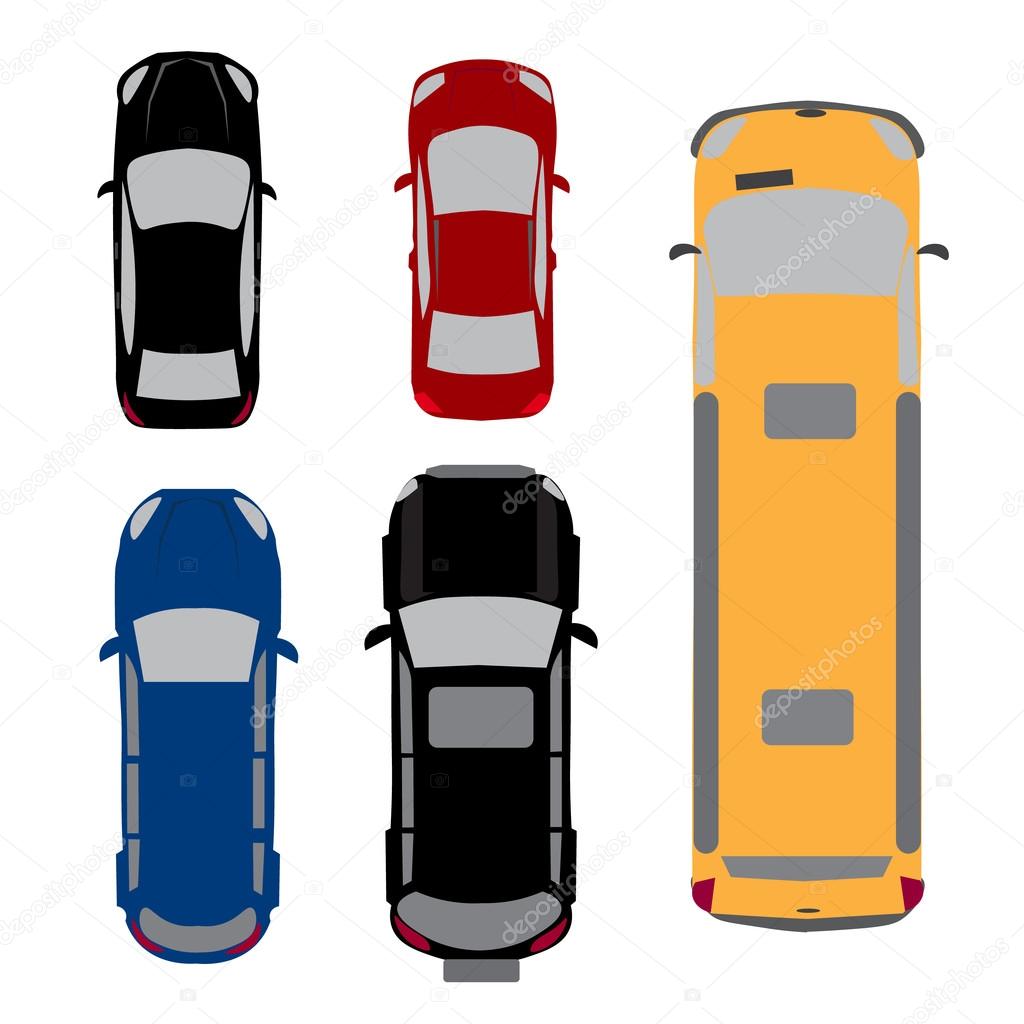 Set of five cars. Coupe, sedan, wagon, SUV, minivan. View from above. illustration