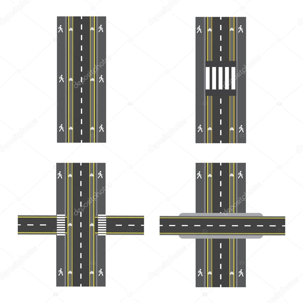 Set of different road sections with transitions, bike paths, sidewalks and intersections. illustration