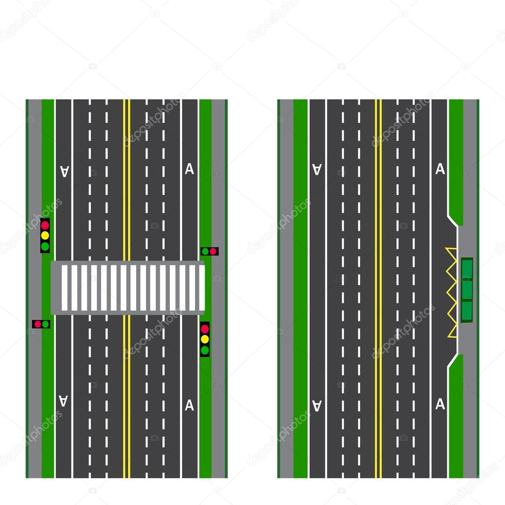 A set of road sections. Stop. Transition. Bicycle paths, sidewalks and intersections. View from above. illustration