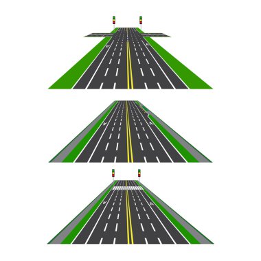 Set of different sections of the road with intersections, bike lanes, sidewalks and intersections. Perspective image. illustration clipart