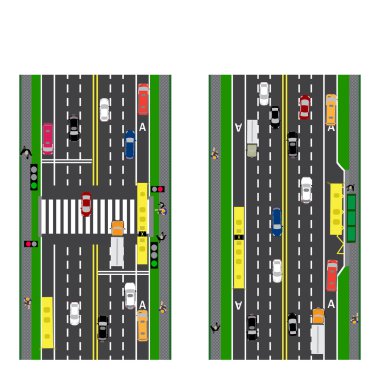 Yol bilgi grafikleri. Arsa yol, otoyol, sokak. Kesişim. Farklı arabalarla. Arabalar için yeşil trafik ışığı. Dolu yol haritaları ve toplu taşıma. Otoyolun en iyi manzarası. Illüstrasyon