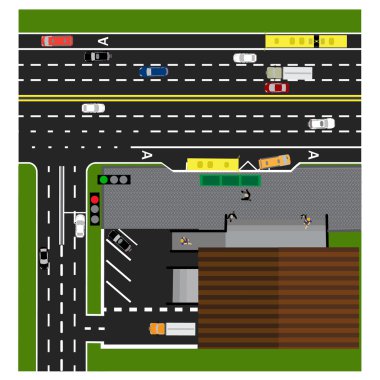 Arsa yol, otoyol, sokak, mağaza ile. Crossroads. Otobüs durağı. Farklı arabalarla. Trafik sıkışıklığı ve park kartları. Otoyolun en iyi manzarası. Illüstrasyon