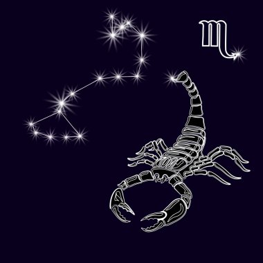 The constellation Scorpius. White scorpion, zodiac sign. Tattoo. Made with a predominance of white on a dark background. illustration clipart