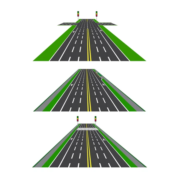 Комплект различных участков дороги с перекрестками, велосипедными дорожками, тротуарами и перекрестками. Перспективное изображение. иллюстрация — стоковый вектор