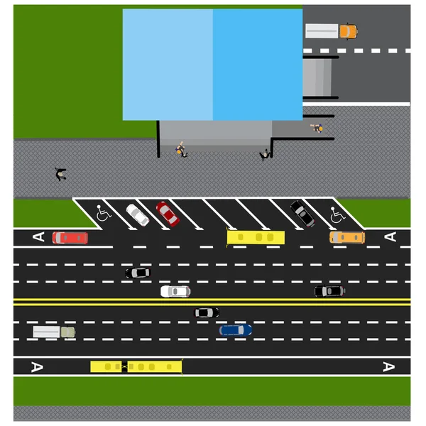 Parcela carretera, carretera, calle, con la tienda. Con diferentes coches. Congestión y tarjetas de aparcamiento. Vista superior de la autopista. ilustración — Vector de stock