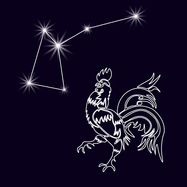 Rooster Constellation. Realistic star. White cock, rooster 2017. Horoscope. Tattoo. Made with a predominance of white on a dark background. illustration — Stock Vector