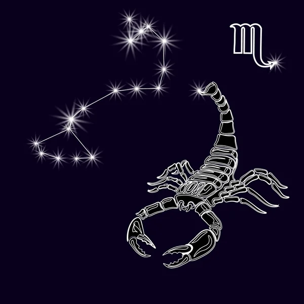 Het sterrenbeeld Scorpius. Witte Schorpioen, sterrenbeeld. Tattoo. Gemaakt met een overwicht van wit op een donkere achtergrond. Illustratie — Stockvector