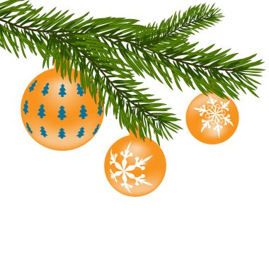 Yeni yıl ya da Noel oyuncakları. Bir desen ile sarı topları ile Firtree şube. Illüstrasyon