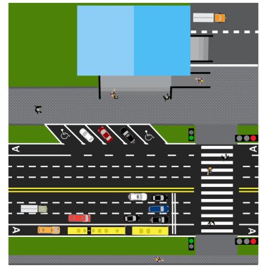 Arsa yol, otoyol, sokak, mağaza ile. Farklı arabalarla. Geçiş ve park kartları. Otoyolun en iyi manzarası. Illüstrasyon