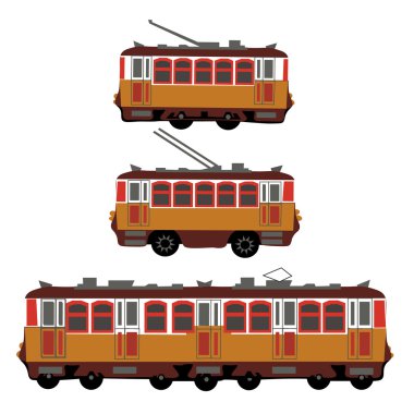 Vintage tramvay, elektrikli tren, tramvay. Retro. Elektrikli taşımanın yan tarafının detay görünümü. Turist tramvayı. Sarı tramvay, troleybüs, tren. Illüstrasyon