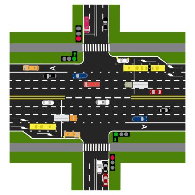 Yol bilgi grafikleri. Otoyol yol ile kesişir. Arabalar ve trafik ışıklarıyla. Ana yola yeşil sinyal. Yol haritaları ve toplu taşıma ile yüklenmiş. Otoyolun en iyi görünümü