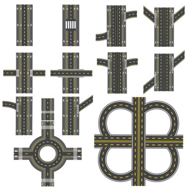 Set of different road sections with a circular dvizheniemi isolation. Transitions, turns and various intersections. series depicts the sidewalks, marked bicycle lanes. View from above. illustration clipart