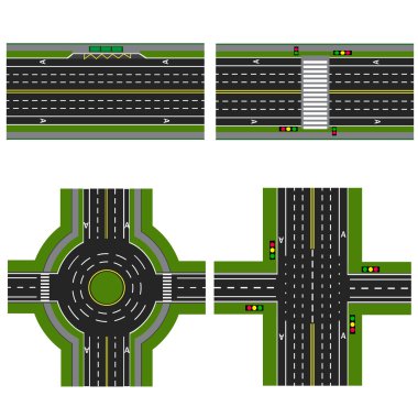 Set of different sections of the highway with a circular dvizheniemi, isolated. Image sidewalks, transition lanes for public transport. View from above. illustration clipart