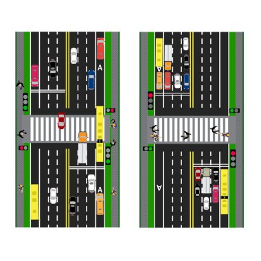 Otoyol planlama. yollar, sokaklar ve trafik ışıkları geçiş ile. Görüntü kaldırımlar, toplu taşıma için geçiş yolları. Yukarıdan görüntüleyin. illüstrasyon