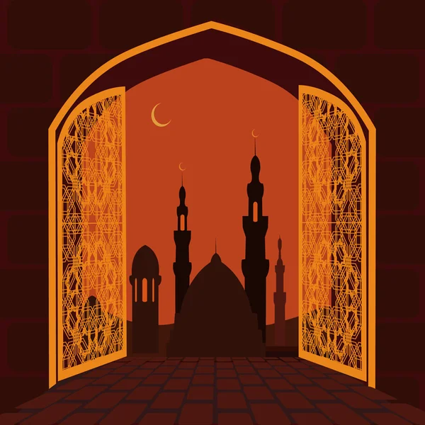 La fiesta musulmana del Ramadán. Postal en forma de arco. Puerta dorada con adorno, símbolo navideño. ilustración — Archivo Imágenes Vectoriales