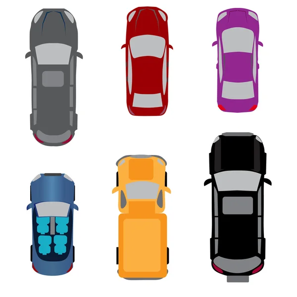 Conjunto de seis veículos. Coupe, conversível, sedan, vagão, SUV, passageiro van. Vista de cima. Ilustração — Vetor de Stock