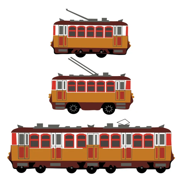 Vintage tramvay, elektrikli tren, tramvay. Retro. Elektrikli taşımanın yan tarafının detay görünümü. Turist tramvayı. Sarı tramvay, troleybüs, tren. Illüstrasyon — Stok Vektör