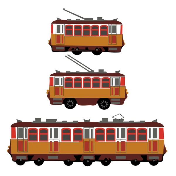 Oldtimer-Straßenbahn, Elektrozug, Obus. Retro. Detailansicht der Seite des elektrischen Transports. Touristen-Tram. Gelbe Straßenbahn, Obus, Bahn. Illustration — Stockvektor