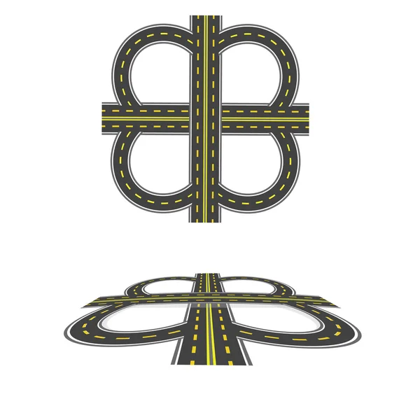 Ställ in trafikplats transport. Motorväg med gula markeringar. Ovanifrån och i perspektiv. illustration — Stock vektor