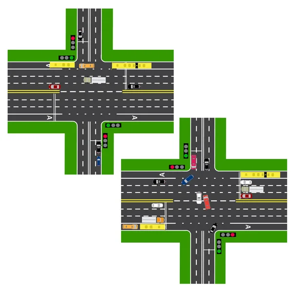 Kreuzung Autobahn. Straßen, Straßen. Die Bewegung wird durch Ampeln geregelt. Bilder von verschiedenen Autos, Fahrspuren für den öffentlichen Verkehr. Blick von oben. Illustration — Stockvektor