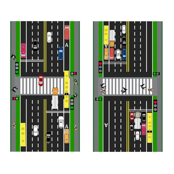 Pianificazione autostradale. strade, strade e semafori con la transizione. Immagine marciapiedi, corsie di transizione per i trasporti pubblici. Vista dall'alto. illustrazione — Vettoriale Stock