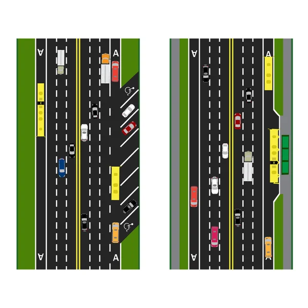 Autobahnplanung. Straßen, Straßen mit Parkplätzen und öffentlichen Verkehrsmitteln. Bilder von verschiedenen Autos, Fahrspuren für den öffentlichen Verkehr. Blick von oben. Illustration — Stockvektor