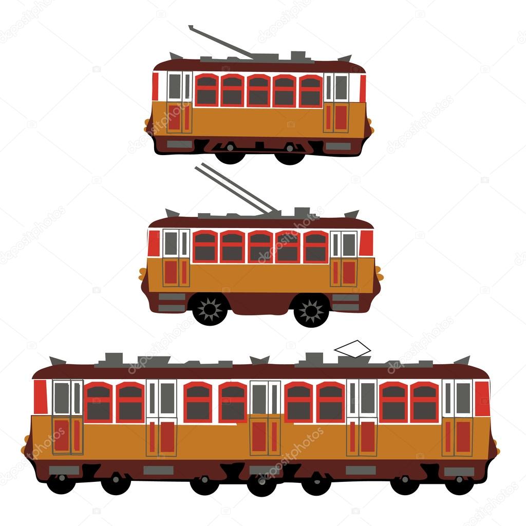 Vintage tram, electric train, trolleybus. Retro. Detail view of the side of the electric transport. Tourist tram. Yellow tram, trolleybus, train. illustration