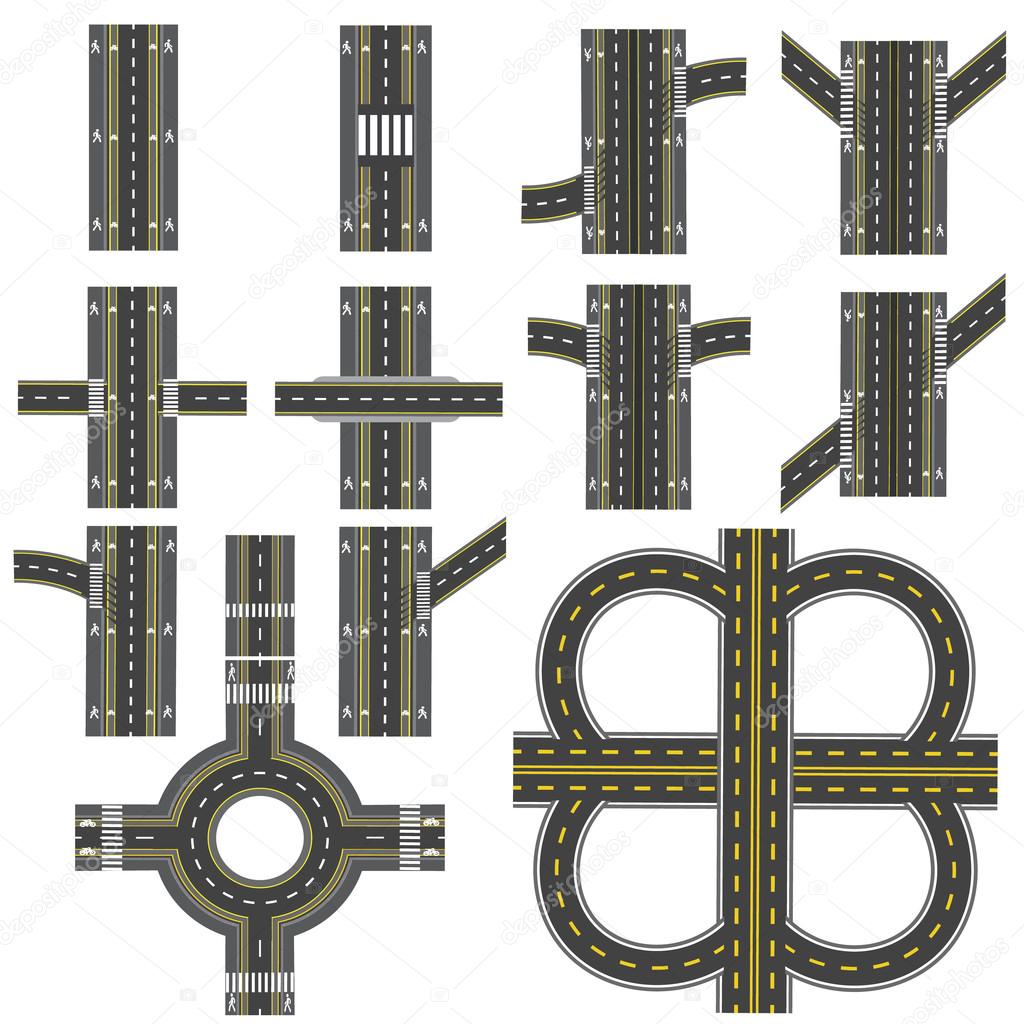 Set of different road sections with a circular dvizheniemi isolation. Transitions, turns and various intersections. series depicts the sidewalks, marked bicycle lanes. View from above. illustration
