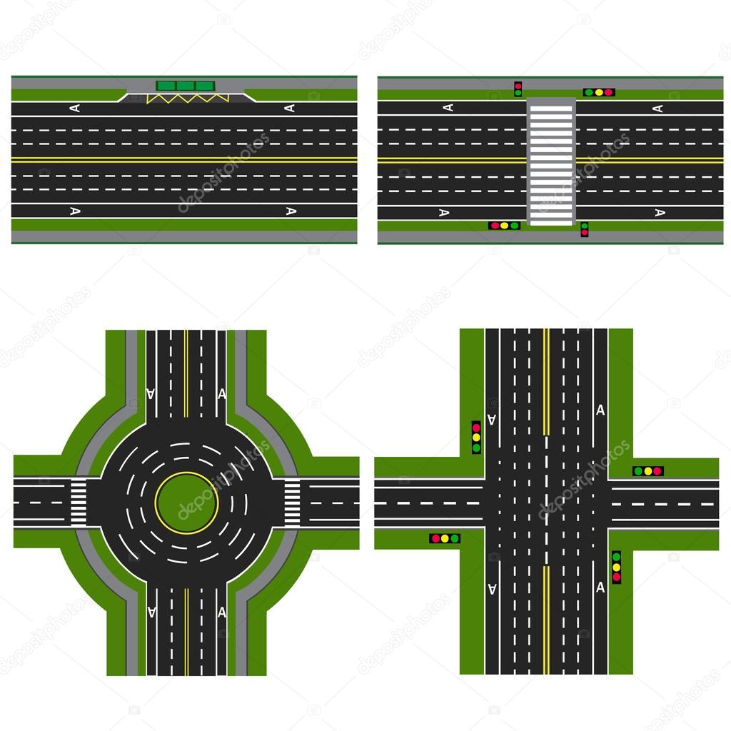 Set of different sections of the highway with a circular dvizheniemi, isolated. Image sidewalks, transition lanes for public transport. View from above. illustration