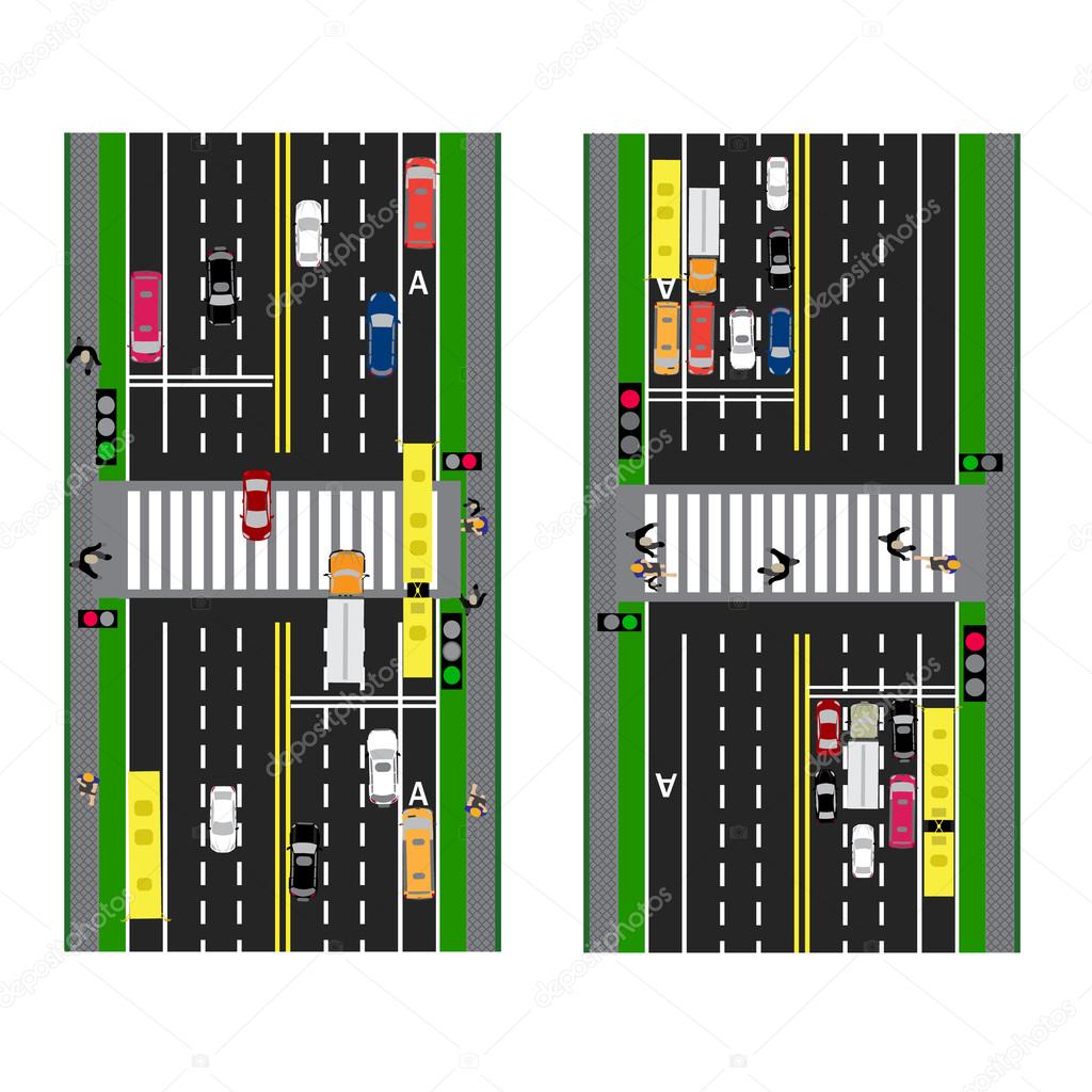 Highway Planning. roads, streets and traffic lights with the transition. Image sidewalks, transition lanes for public transport. View from above. illustration