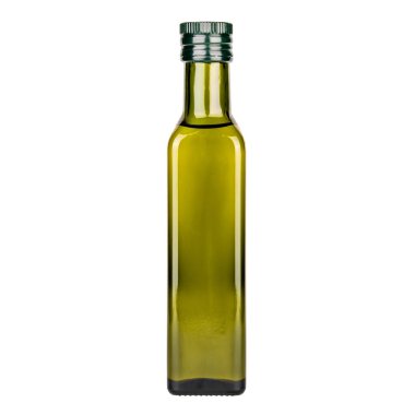 Beyaz zemin üzerinde cam şişe zeytinyağı, izole.