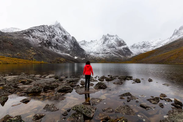Chica de pie en el lago con montañas nevadas — Foto de Stock