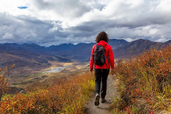 Vista panorâmica da mulher caminhando em um dia de queda nublado — Fotografia de Stock